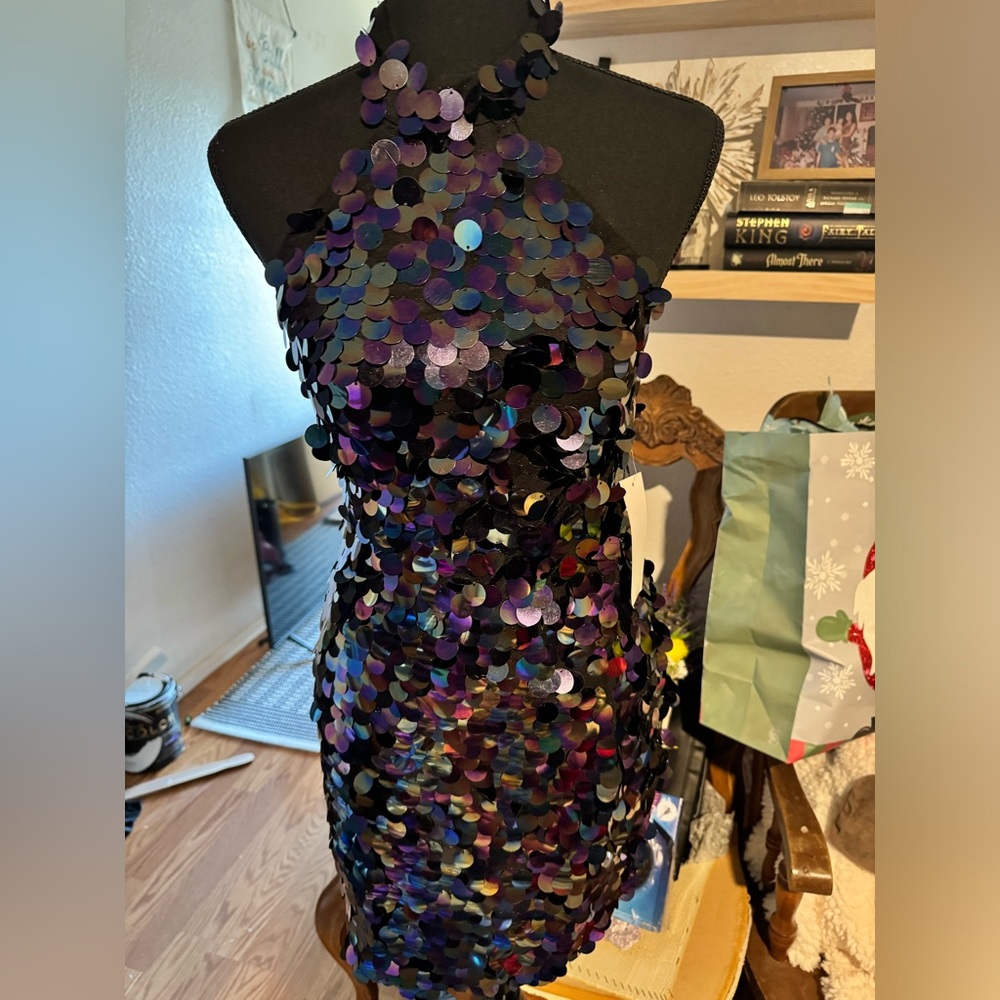 Halterneck sequin detail mini dress